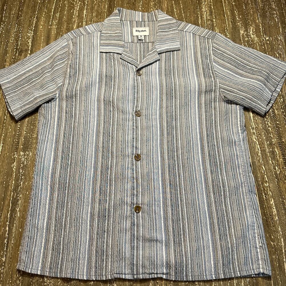 Rhythm. Short Sleeve Camp Shirt Textured Stripes Huckberry Blue Gray Mens Size M